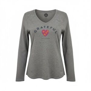 Life is Good Crusher Gratitude Slogan T-Shirt Long Sleeve in Gray Women’s Size M